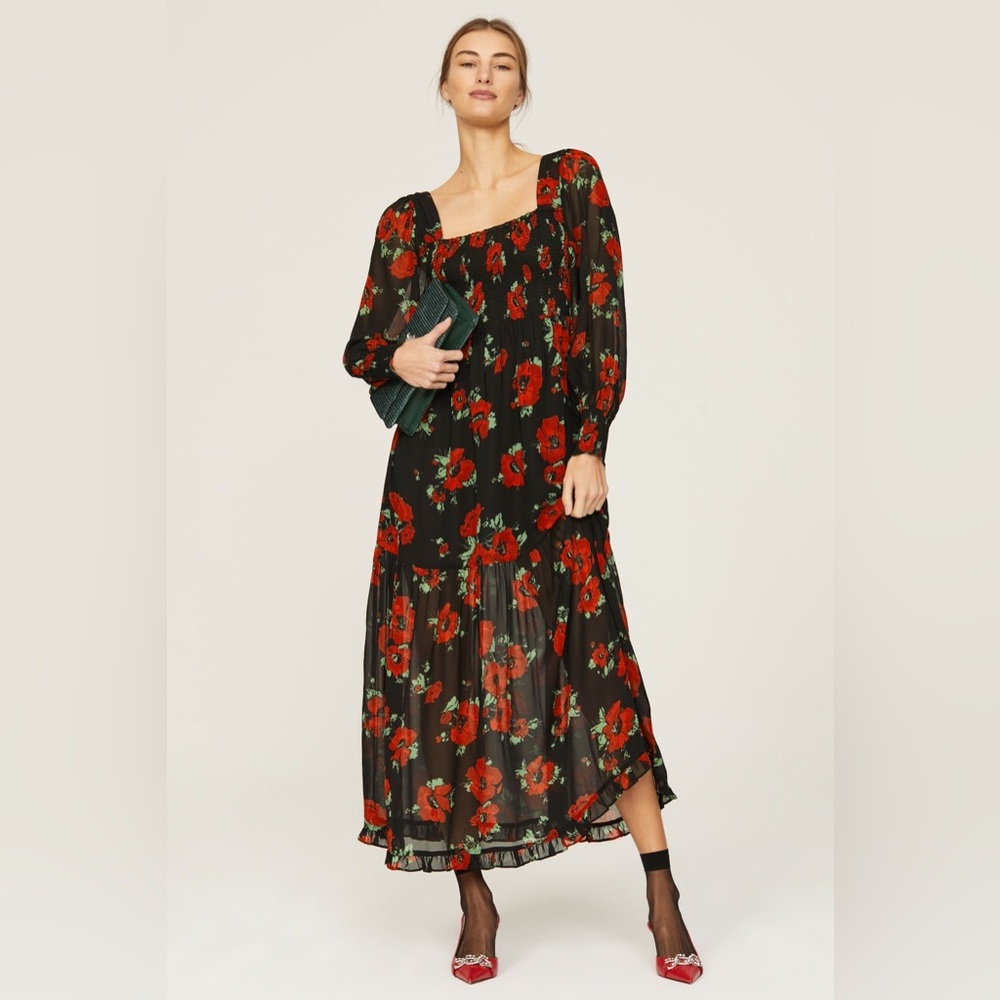 Rixo black red floral Yas long sleeve midi square neck dress size L or 10 - Picture 2 of 8